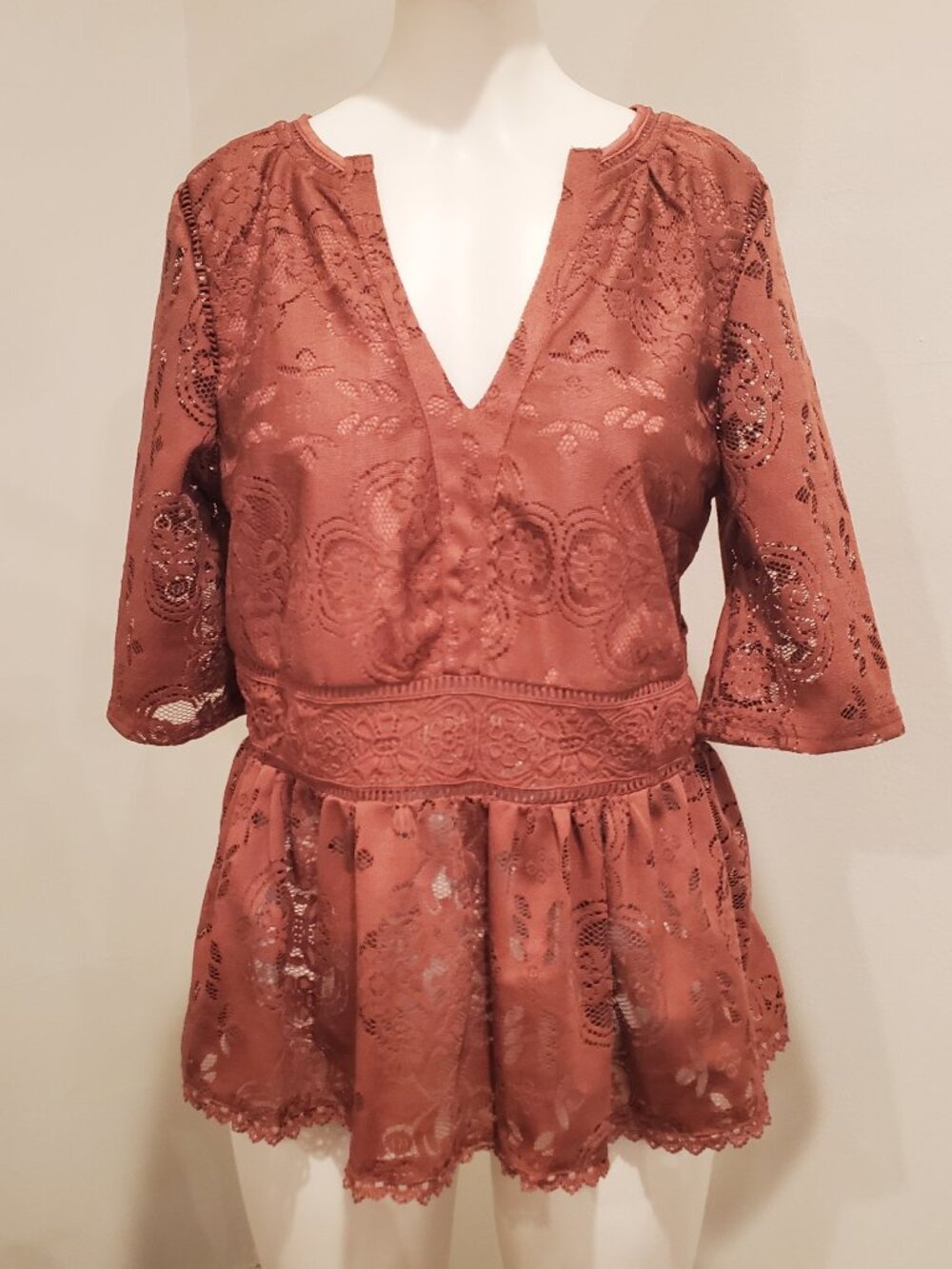 Blue Tassel Floral Lace Peplum Blouse Womens S Rust Terracotta V-Neck Top